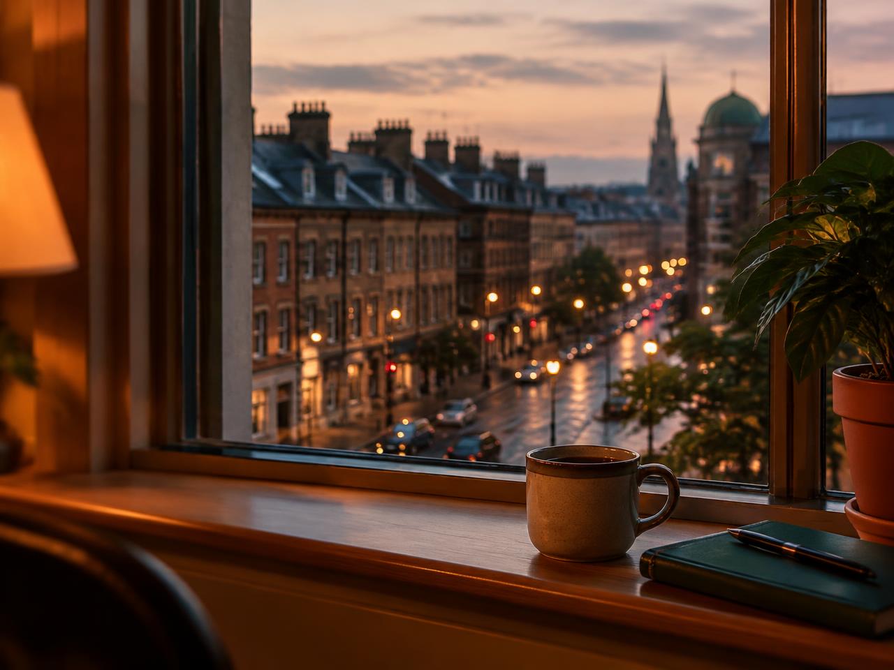 Warm-lit office window overlooking a UK street at dusk